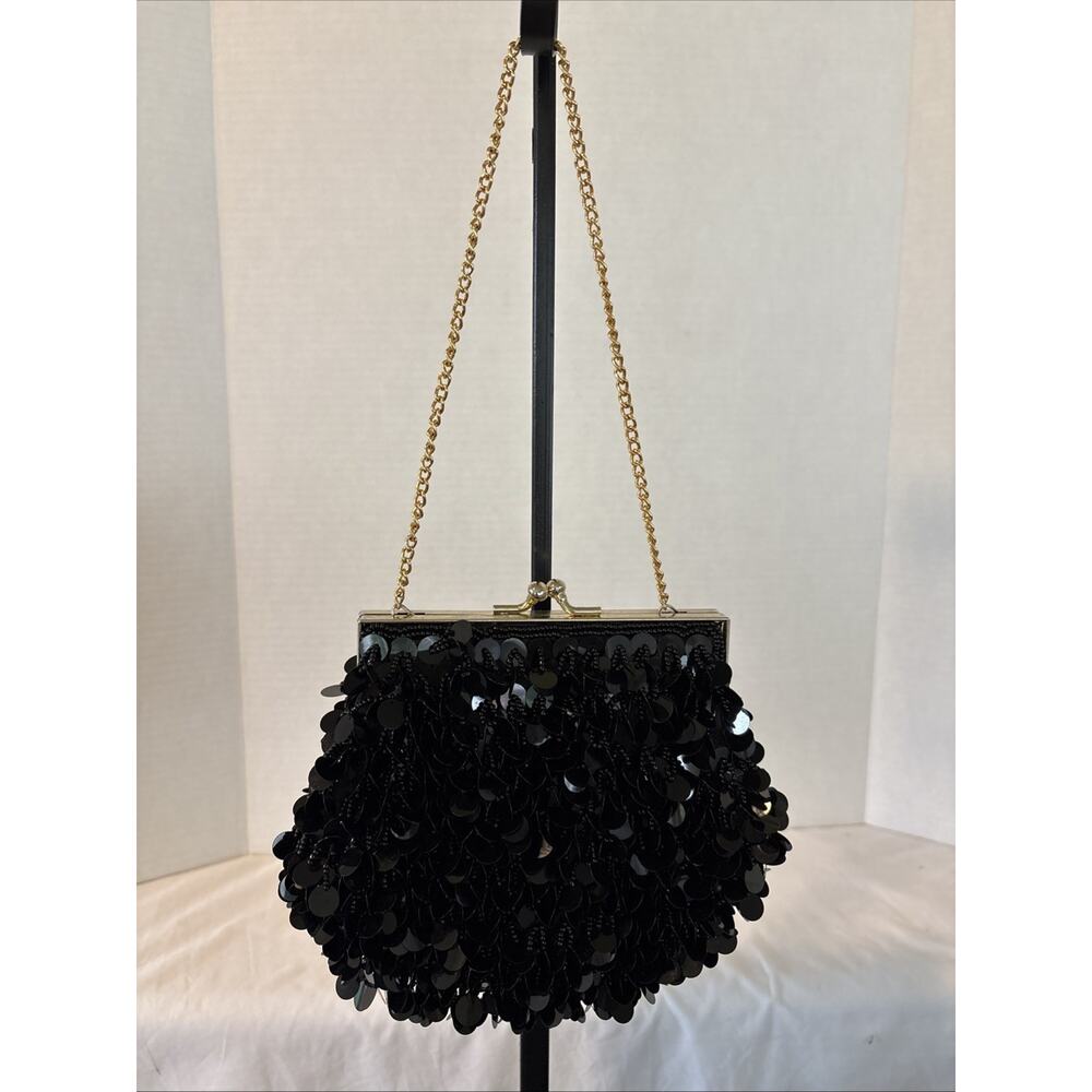 Black Sequin Evening Purse With Gold Chain Strap 7 X 6 Inches